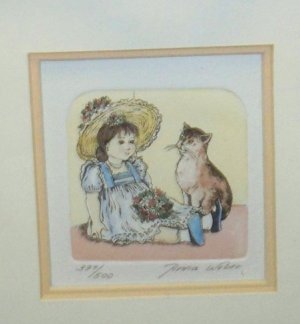 Limited Edition Signed & Numbered Anna Weber Etching, Cat & Little Girl