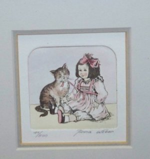 Limited Edition Signed & Numbered Anna Weber Etching, Cat & Little Girl