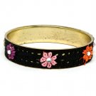 Black Bracelet Bangle Fabric Crystal Studs Flower Lace Metal Body 15 Mm Width / 11162-11364GDBLK