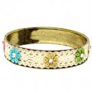 White Bracelet Bangle Fabric Crystal Studs Flower Lace Metal Body 15 Mm Width / 11162-11364GDWHT