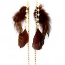 Brown Earring Fish Hook Crystal Studs Faux Pearl Feather Prong Set 7 Inch Drop 25185-1187GDBRO