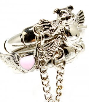 Silver Colored Ring Adjustable Stretch Stackable 2 Ring Set Pig Wing Angel Enamel L 251818-2048RDSIV