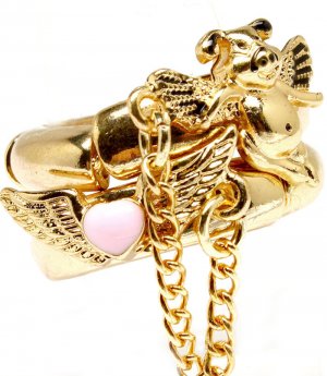 Gold Colored Ring Adjustable Stretch Stackable 2 Ring Set Pig Wing Angel Enamel Lin 251818-2048GDGOD