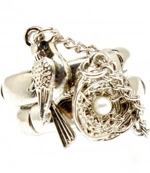 Silver Colored Ring Adjustable Stretch Stackable 2 Ring Set Bird Nest Egg Faux Pear 251818-2045RDSIV