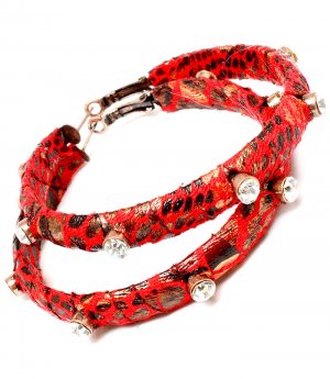 Red Earring Pin Catch Glass Stones Fabric Exotic Print 2 1 2 Inch Drop 2435-2403CORED