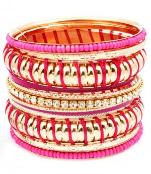 Fuschia Bracelet Bangle Stackable Crystal Studs Threads Beads Various Hoops Texture 2 2432-7036GDFSH