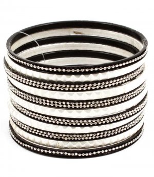 Black Bracelet Bangle Stackable Matte Finish Chained Beads Texture 2 Inch Width 2432-7029MSBLK