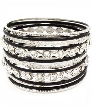 Black Bracelet Bangle Stackable Rhinestones Various Hoops Texture 2 Inch Width 2432-7024RDBLK