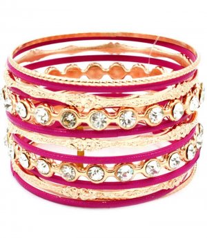 Fuschia Bracelet Bangle Stackable Rhinestones Various Hoops Texture 2 Inch Width 2432-7024GDFSH