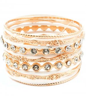 Cream Bracelet Bangle Stackable Rhinestones Various Hoops Texture 2 Inch Width 2432-7024GDCRM