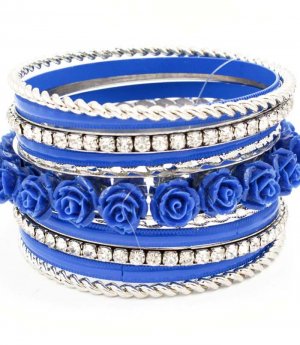 Blue Bracelet Bangle Stackable Rhinestones Roses Formica Various Hoops 2 Inch Width 2432-6963RDBLU