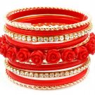 Red Bracelet Bangle Stackable Rhinestones Roses Formica Various Hoops 2 Inch Width 2432-6963GDRED