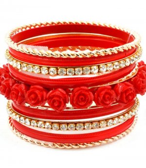 Red Bracelet Bangle Stackable Rhinestones Roses Formica Various Hoops 2 Inch Width 2432-6963GDRED