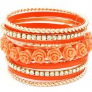 Orange Bracelet Bangle Stackable Rhinestones Roses Formica Various Hoops 2 Inch Width 2432-6963GDORG