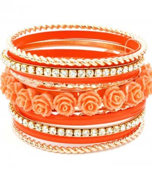 Orange Bracelet Bangle Stackable Rhinestones Roses Formica Various Hoops 2 Inch Width 2432-6963GDORG