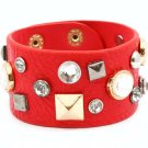 Red Bracelet Button Faux Leather Glass Stones Pyramid Bead 1 Inch Width 7 1 2 Inch Lo 2432-2213TTRED