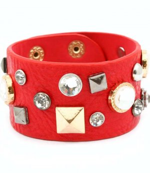 Red Bracelet Button Faux Leather Glass Stones Pyramid Bead 1 Inch Width 7 1 2 Inch Lo 2432-2213TTRED