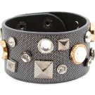Gray Bracelet Button Faux Leather Glass Stones Pyramid Bead 1 Inch Width 7 1 2 Inch L 2432-2213TTGRY