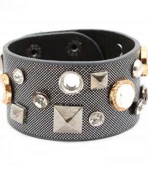 Gray Bracelet Button Faux Leather Glass Stones Pyramid Bead 1 Inch Width 7 1 2 Inch L 2432-2213TTGRY