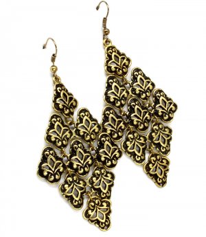 Gold Colored Earring Cascade Fish Hook Fleur De Lys Pierced Texture 2 1 2 Inch Drop 23145-99380BOGOD