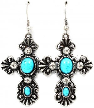 Turquoise Earring Fish Hook Glass Stones Formica Texture Cross Religious 2 Inch Drop 23145-0631SOTUQ