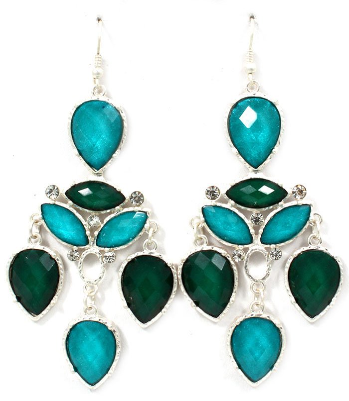 Teal Earring Fish Hook Glass Stone Various Cuts Chandelier Drop 3 Inch ...