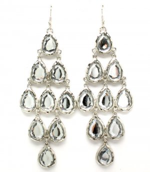 Clear Earring Fish Hook Formica Tear Drop Faceted Texture 4 Inch Drop 23145-0192RDCLR
