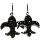 Black Earring Fish Hook Fleur De Lis Beads Texture 2 Inch Drop / 219205-3232BNBLK