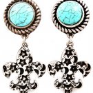 Turquoise Earring Clip On Fleur De Lis Star Moon Texture Turquoise Stone 2 Inch Dro 219205-3229SOTUQ