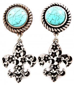Turquoise Earring Clip On Fleur De Lis Star Moon Texture Turquoise Stone 2 Inch Dro 219205-3229SOTUQ