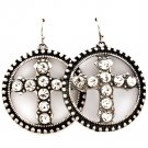 Clear Earring Fish Hook Hoop Cross Glass Stones Texture 1 1 2 Inch Drop / 219205-3221SOCLR