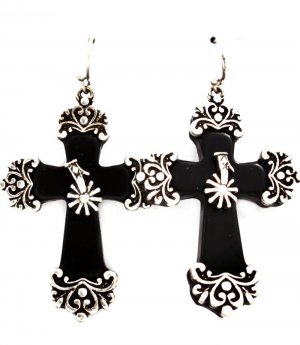 Black Earring Fish Hook Formica Metal Ornaments Spur Texture 2 Inch Drop / 219205-3215SOBLK