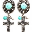Turquoise Earring Clip On Oval Cross Turquoise Stone Texture 2 1 2 Inch Drop / 219205-3206SOTUQ
