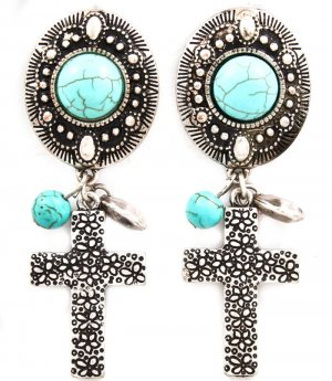 Turquoise Earring Clip On Oval Cross Turquoise Stone Texture 2 1 2 Inch Drop / 219205-3206SOTUQ