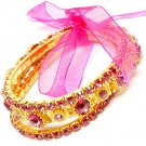 Pink Bracelet Stretch Stackable Glass Stones Crystal Studs Prong Set Ribbon 20 Mm W 219202-2039GDPNK