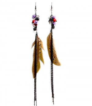 Multi Colored Earring Linear Drop Fish Hook Feather Mixed Bead Tassel Metal Casting 218195-8943BKMLT