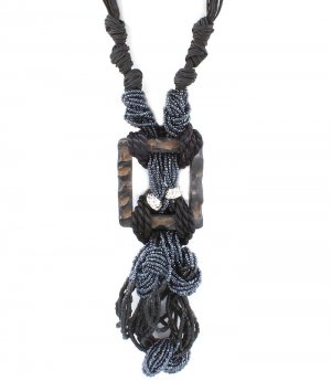 Black Necklace Multi Strands Cords Mixed Beads Knotted Tied 7 Inch Pendant 20 Inch 2181914-249369BLK
