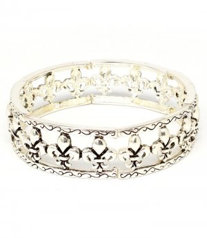 Silver Colored Bracelet Stretch Bangle Metal Casting Fleur De Lys Pierced Texture 2 210152-9318ASSIV