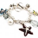 White Bracelet Charm Faux Pearl Beads Starfish Painted Interlaced Chains 8 Inch Lo 210152-02953ASMLT
