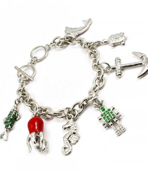 Pink Bracelet Toggle Charms Anchor Fish Octopus Sea Horse Enamel 8 Inch Long 210152-02866RDMLT