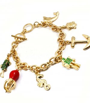 Green Bracelet Toggle Charms Anchor Fish Octopus Sea Horse Enamel 8 Inch Long 210152-02866GDMLT