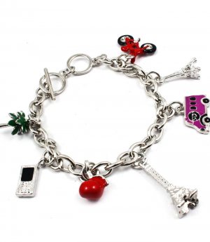Clear Bracelet Toggle Charms Eiffel Tower Bus Motorcycle Palm Tree Enamel 8 Inch L 210152-02864RDSIV