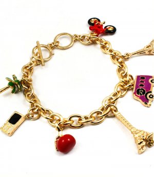 Silver Colored Bracelet Toggle Charms Eiffel Tower Bus Motorcycle Palm Tree Enamel 210152-02864GDGOD