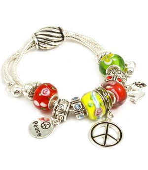 Multi Colored Bracelet Bead AdjustableBead Crystal Studs Peace Symbol Birds 9 Inch 210152-02762SVMLT