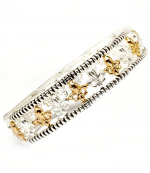 Silver Colored Bracelet Stretch Fleur De Lis Texture 10 Mm Width 210152-01780TTSIV