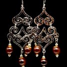 Brown Earring Linear Drop Fish Hook Filigree Wood Bead Texture 3 Inch Drop 1995-99875RDBRO