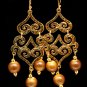 Brown Earring Linear Drop Fish Hook Filigree Wood Bead Texture 3 Inch Drop 1995-99875GDBRO