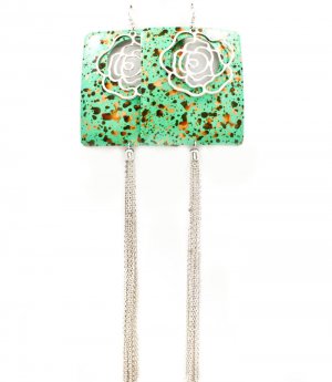 Turquoise Earring Fsih Hook Metal Casting Rose Texture Tassel Patina 3 Inch Body 9 I 1995-99391RDTUQ