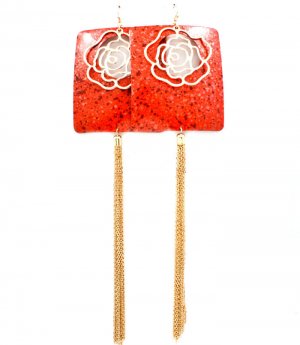 Red Earring Fsih Hook Metal Casting Rose Texture Tassel Patina 3 Inch Body 9 Inch Dr 1995-99391GDRED