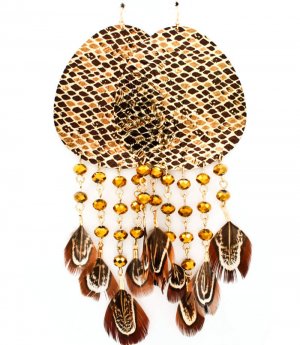 Brown Earring Fish Hook Metal Casting Animal Print Beads Feathers Texture 5 Inch Dro 1995-99250GDBRO